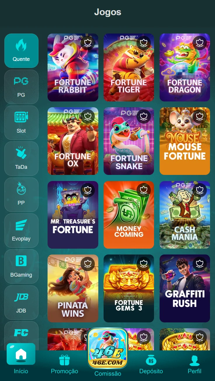 Tela de app mobile da 46e com jogos animados e interface moderna
